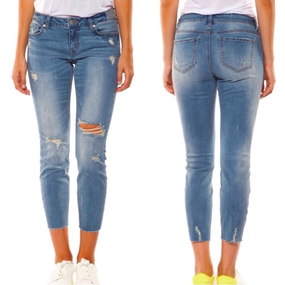Dex Medium Blue Wash Ankle Cropped Mid Rise Distressed Skinny Girlfriend Jeans